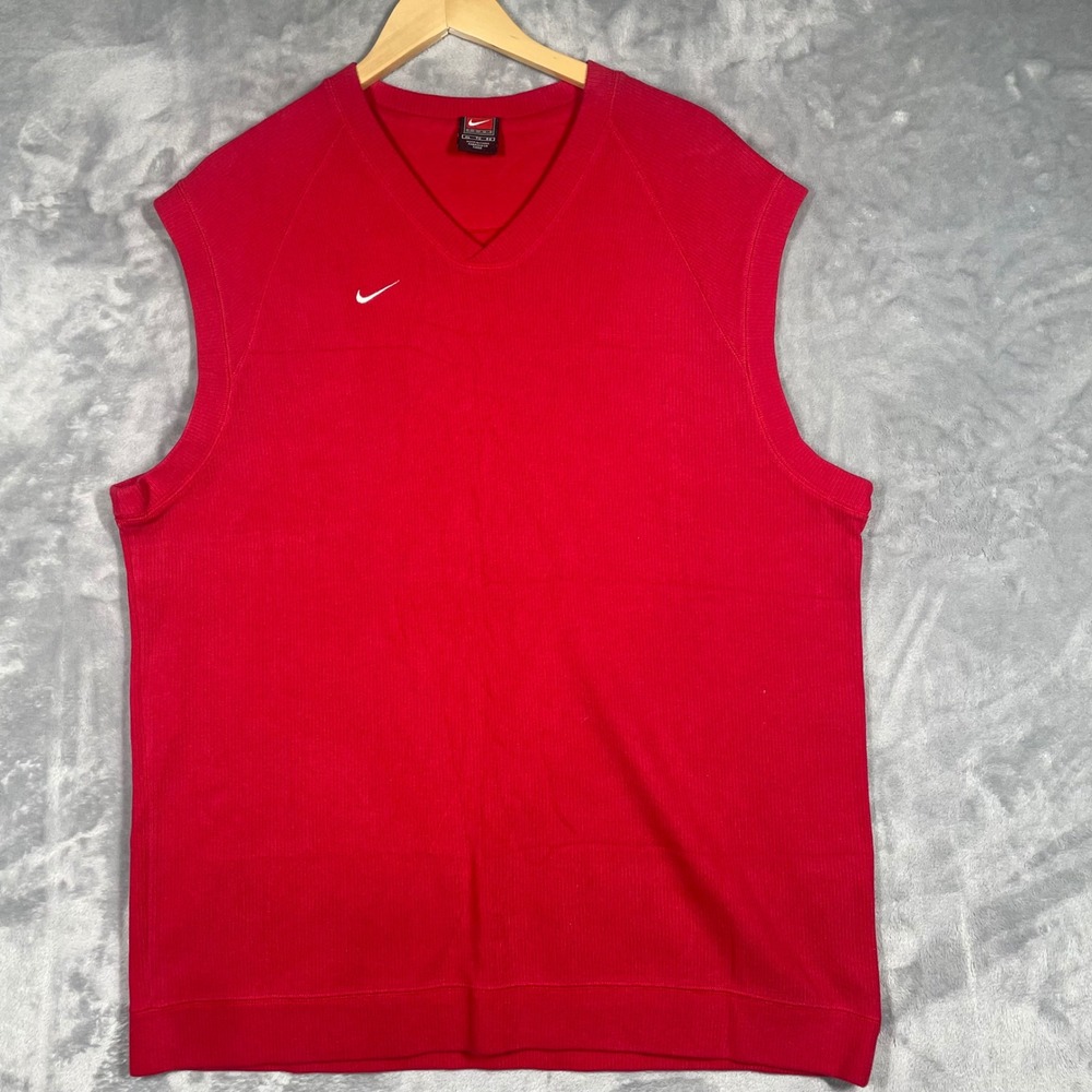 Nike Team Mens XL Red Ribbed V-Neck Sweater Vest Embroidered Swoosh Vintage Y2K